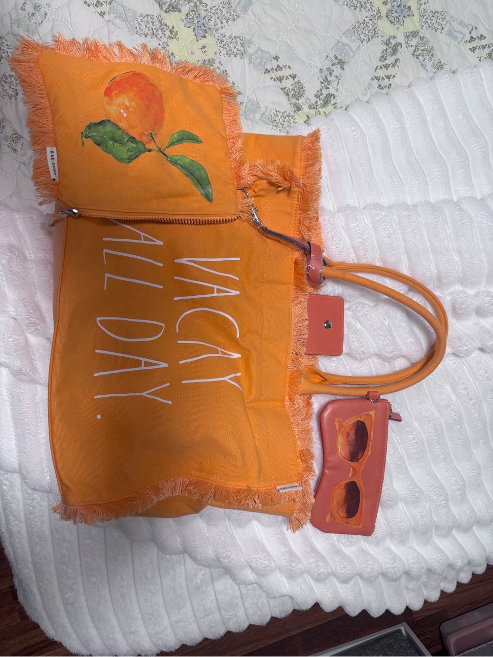 Rae Dunn Orange "VACAY ALL DAY" Fringe Tote - Picture 4 of 5